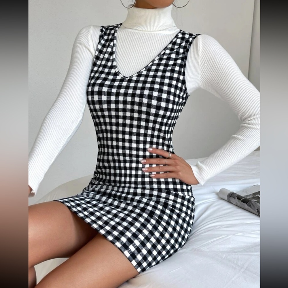 Classic Gingham Print Bodycon Fitted Pencil Dress Without Top Black White - Picture 4 of 4